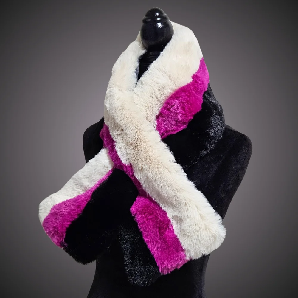 Jocelyn Scarf Black Wool Blend Striped Faux Fur Pull Through Barbiecore Cottage